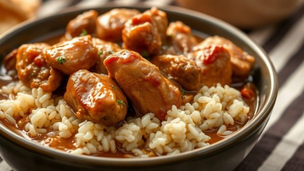 Lowcountry stew chicken recipe with rice in a bowl.