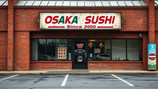 Closed Osaka Sushi restaurant with weathered entrance sign