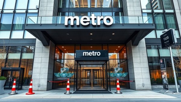 Metro Vancouver entrance with barricades and news logo.