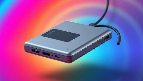 Sleek power bank 2026 against a vibrant gradient background.