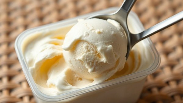 Creamy no-churn ice cream being scooped from container.