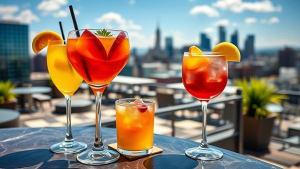 Vibrant cocktails on a rooftop with Denver skyline in the background.