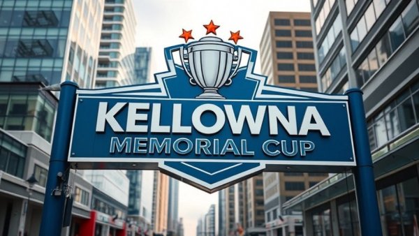 Close-up of Kelowna Memorial Cup celebrations sign with trophy backdrop.