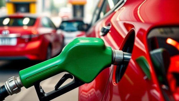 Close-up of petrol nozzle in red car at gas station.