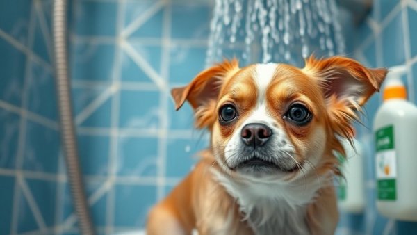 Vancouver Pet Grooming service bathing a small dog with shampoo bottles.
