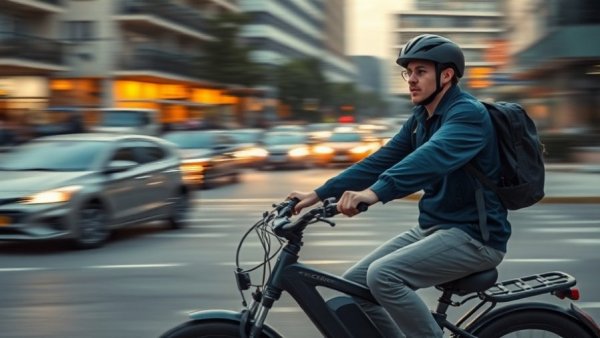 Courier on an electric bike amid city motion and light streaks