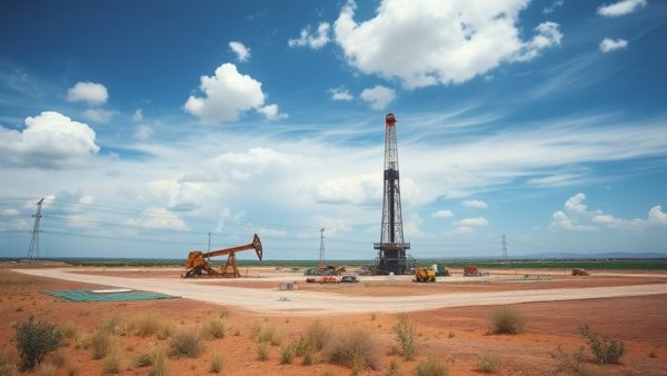 Oil drilling rig in Colorado under a cloudy sky.