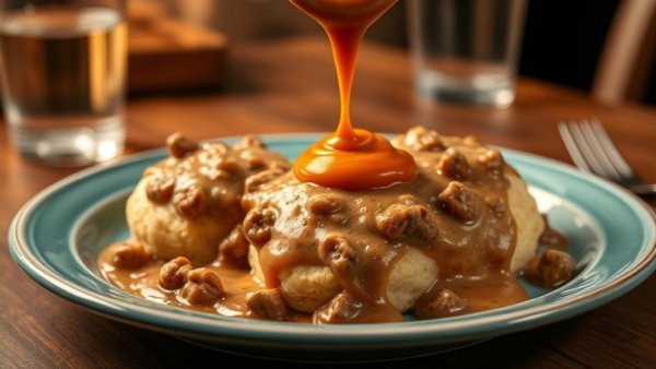 Skillet biscuits and gravy with hot sauce on a teal plate.