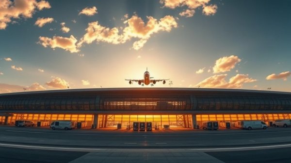 Denver International Airport terminal with airplane at sunset.