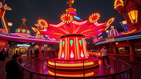 Futuristic Disney ride glowing with colorful lights in theme park.