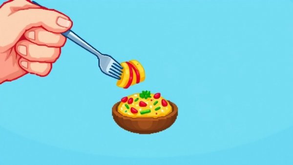 Pixelated food illustration with hand and fork in cartoon style.