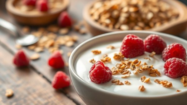 Healthy yogurt with granola and raspberries on wooden table.