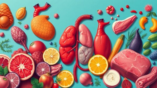 Colorful collage depicting organs and meat related to health risks of too much protein.