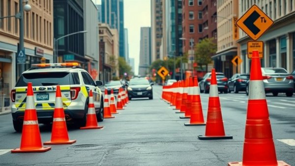 Sobriety checkpoint setup with orange cones and police SUV.