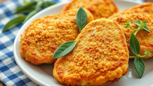 Golden crispy fried pork chops on a plate with sage leaves.