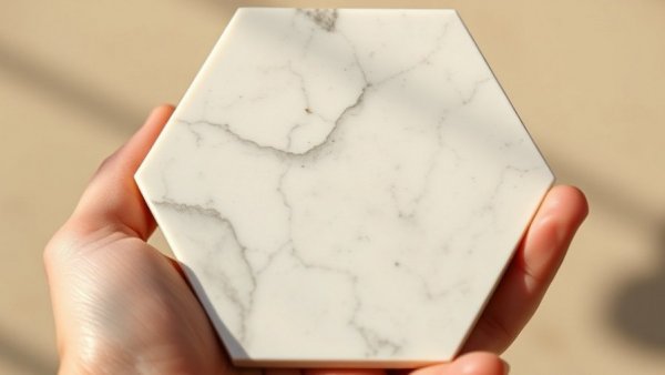 Hexagon marble tile held in hand close-up under warm light.