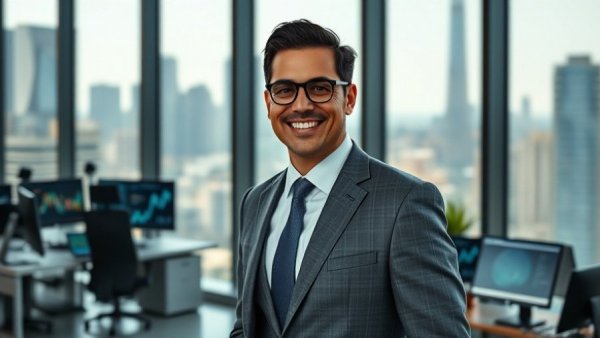 Smiling professional in modern office, technology Vancouver theme.