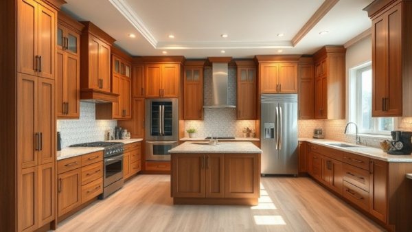 Modern kitchen design with wooden cabinets in Vancouver.