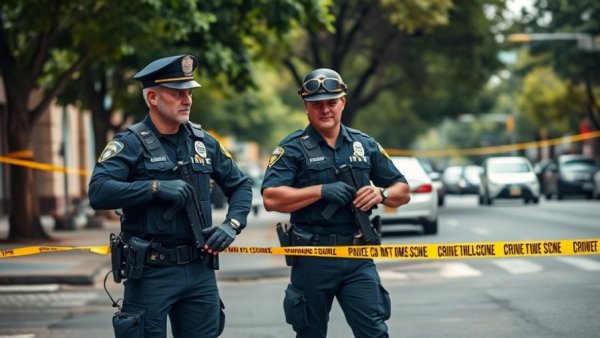 Surrey police officers secure crime scene with tape.