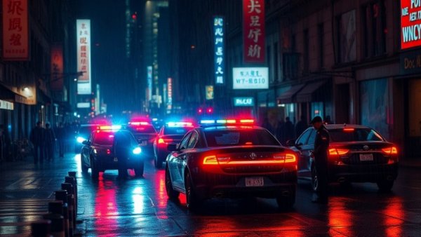 Police operation on a rainy night in Surrey with flashing lights.