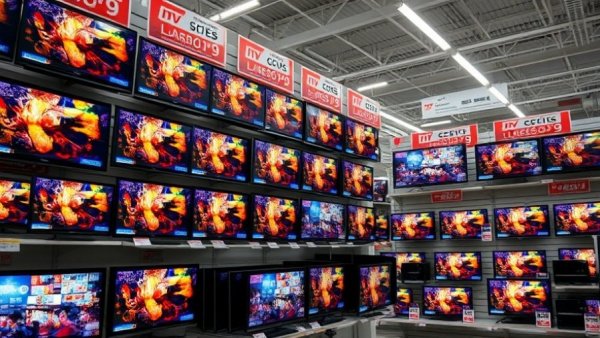 Retail store display of flat-screen TVs with rollback signs.
