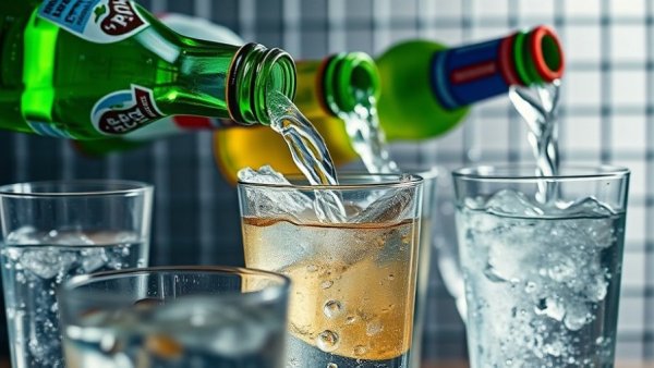 Close-up of sparkling water bottles pouring into glasses for family use.