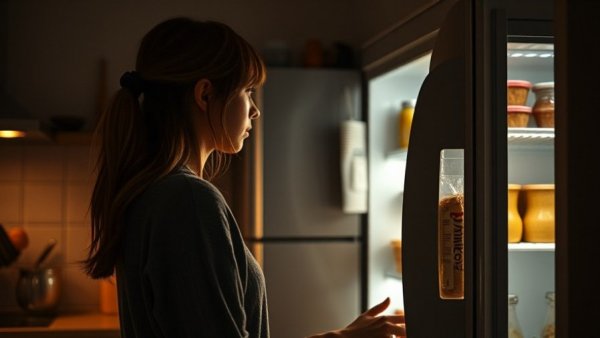 Woman looking into fridge for late night snacks for blood sugar.