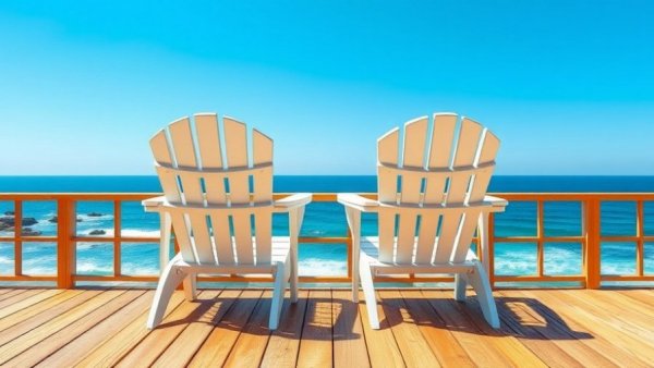 Serene coastal view from a deck with Adirondack chairs, illustrating Airbnb regulations impact homeowners.