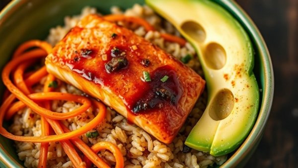 Harissa-Honey Salmon Rice Bowl with avocado and vegetables.