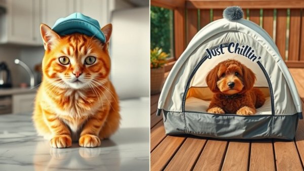Vancouver pets: cat in cap and poodle in tent on deck.