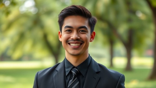 Confident man in suit smiling outdoors amid greenery.