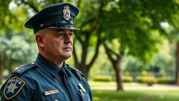 Police chief in uniform stands contemplatively in a green park.