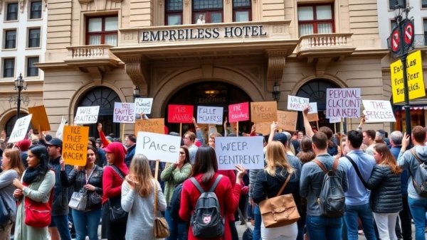 Peaceful strike at Empress Hotel in Victoria with protesters holding signs.