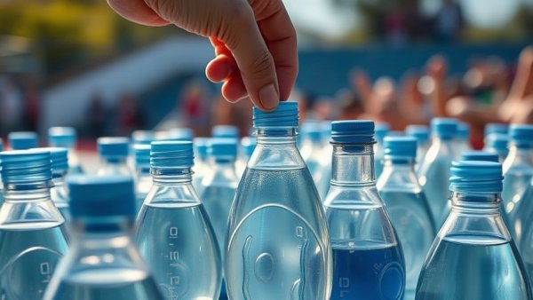 Hand reaching for disposable water bottle at sports event.