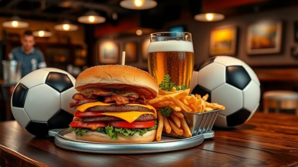 Vancouver BC events soccer-themed meal with burger and beer.