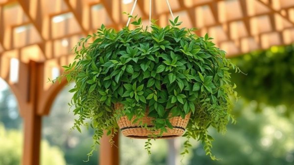 Lush green hanging basket under pergola, flower growth tips.