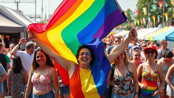 Fort St. John Pride Walk participants with a rainbow flag at a festive park.