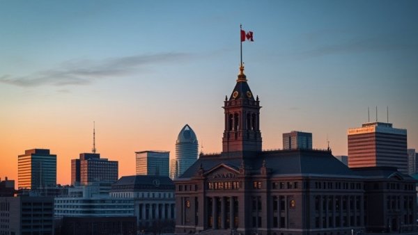 Dusk skyline of Canadian city hall with flag representing Canada AI strategy.