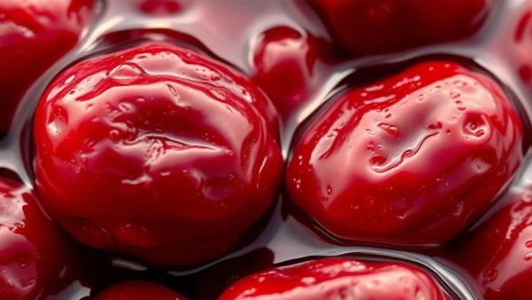Glossy red dates immersed in water, vivid and close-up view.