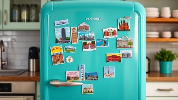 Teal fridge with Vancouver attraction magnets showcasing free things to do in Vancouver.