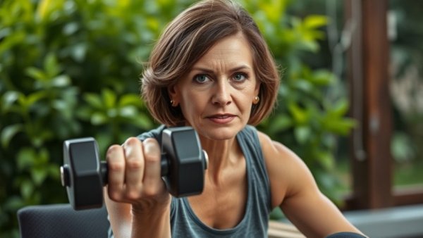 Middle-aged woman focused on menopause workout outdoors