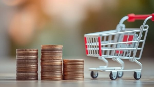 Coins stacked with a blurred shopping cart, price protection refunds concept.