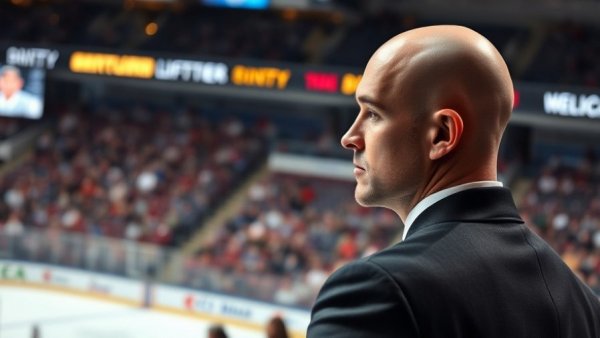 Vancouver Canucks coach in focused strategy mode at hockey arena.