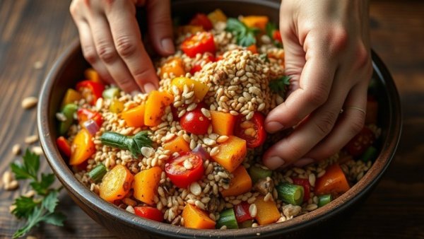 Blue Zone-inspired vegetable dish in a rustic bowl being uncovered.