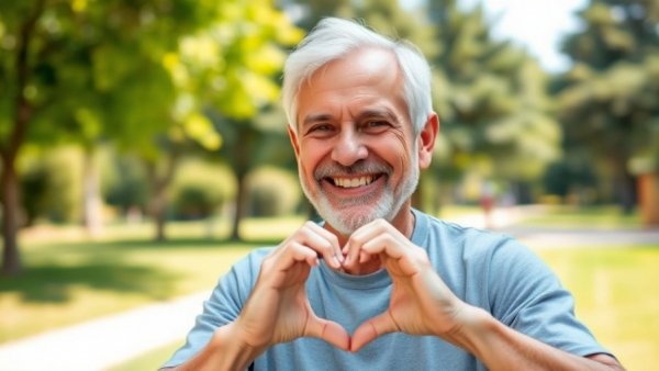 Cheerful older man making heart shape outdoors, discussing habits that lower men's life expectancy.