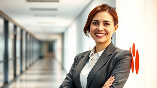Confident woman by CRTC logo in office hallway, representing CRTC consumer protection codes.