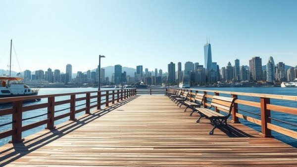 Scenic waterfront view in Vancouver BC with city skyline under a clear blue sky.