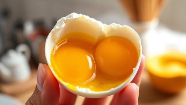 Close-up of a double-yolked egg in a shell, bright yolks visible.