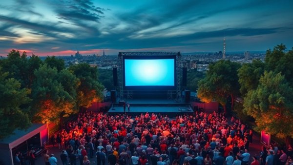 Aerial view of free outdoor movie event in Stanley Park at sunset.
