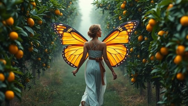 Enchanting garden design with fantasy elements in a lemon orchard.